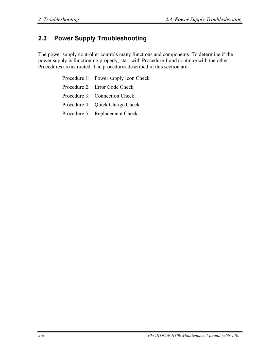 Toshiba R100 manual Power Supply Troubleshooting 