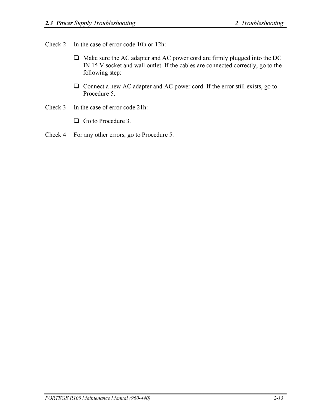 Toshiba R100 manual Power Supply Troubleshooting 