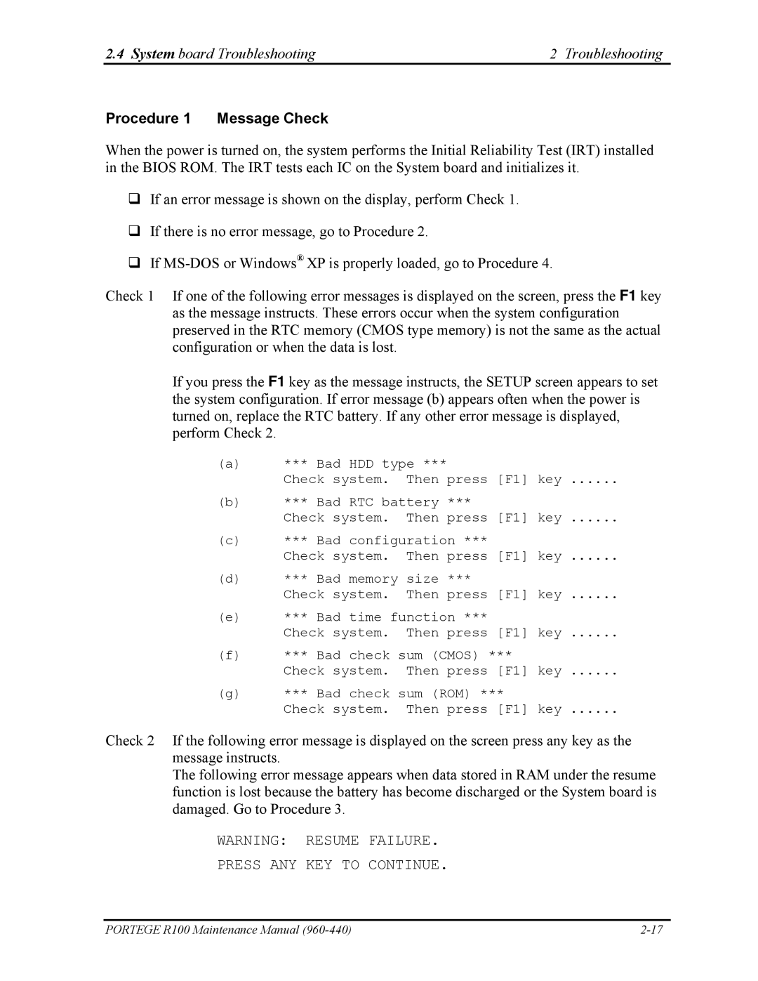 Toshiba R100 manual System board Troubleshooting, Procedure 1 Message Check 