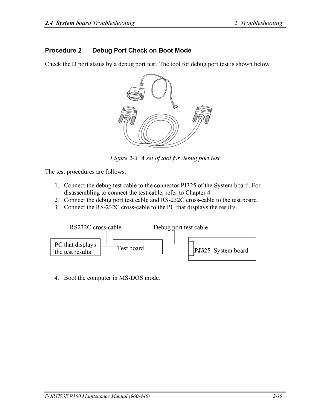 Toshiba R100 manual Procedure 2 Debug Port Check on Boot Mode, A set of tool for debug port test 