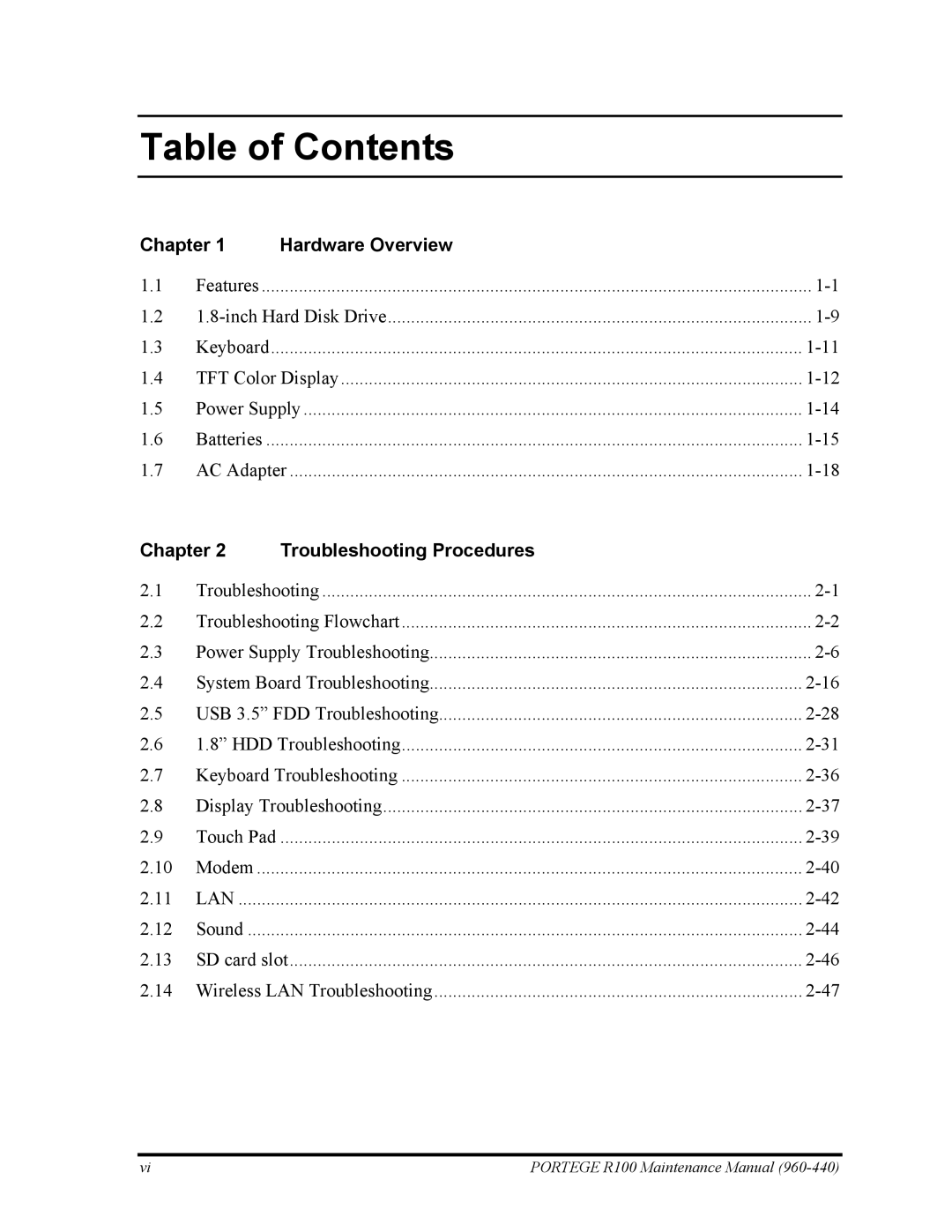 Toshiba R100 manual Table of Contents 