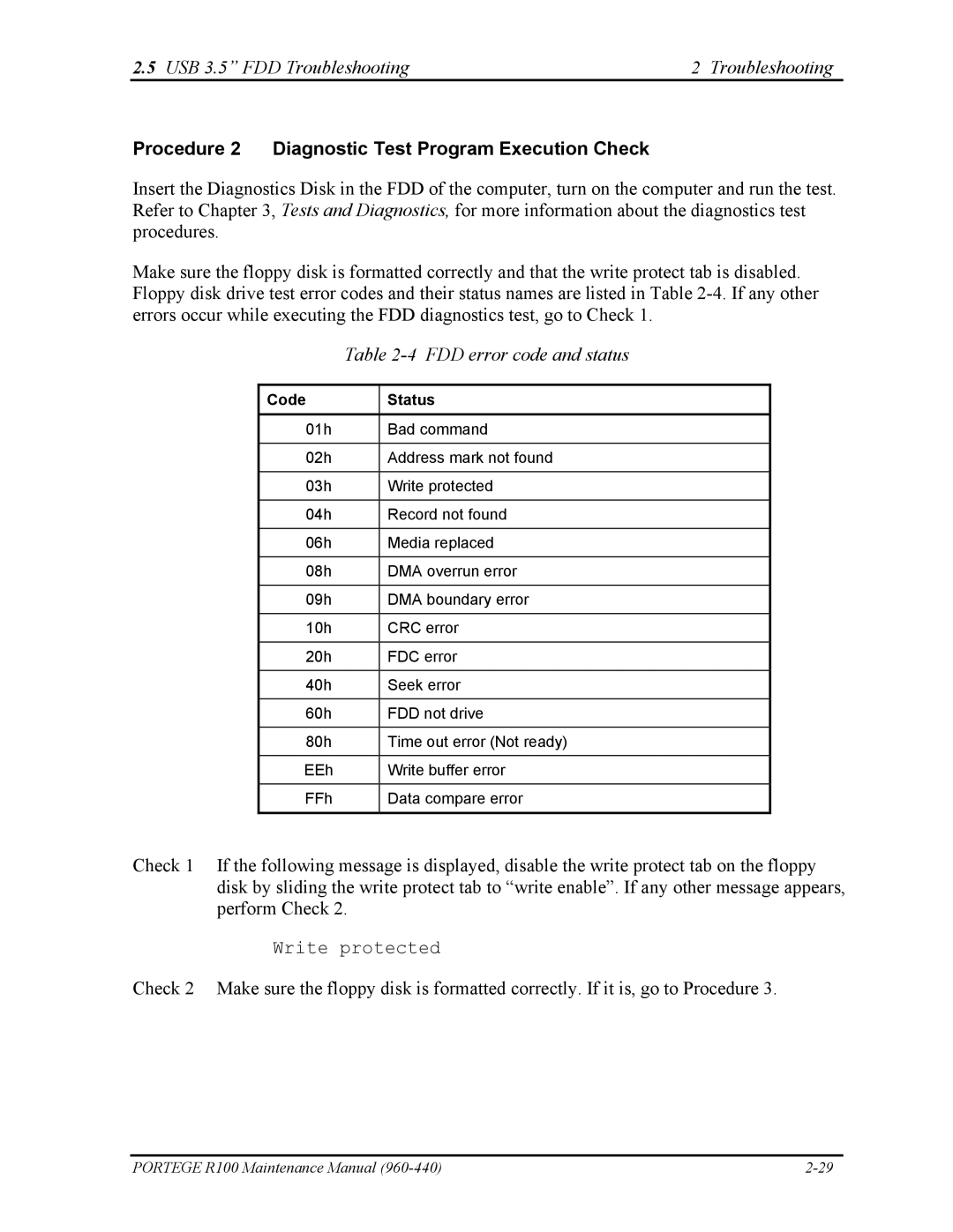 Toshiba R100 manual Procedure 2 Diagnostic Test Program Execution Check, FDD error code and status 