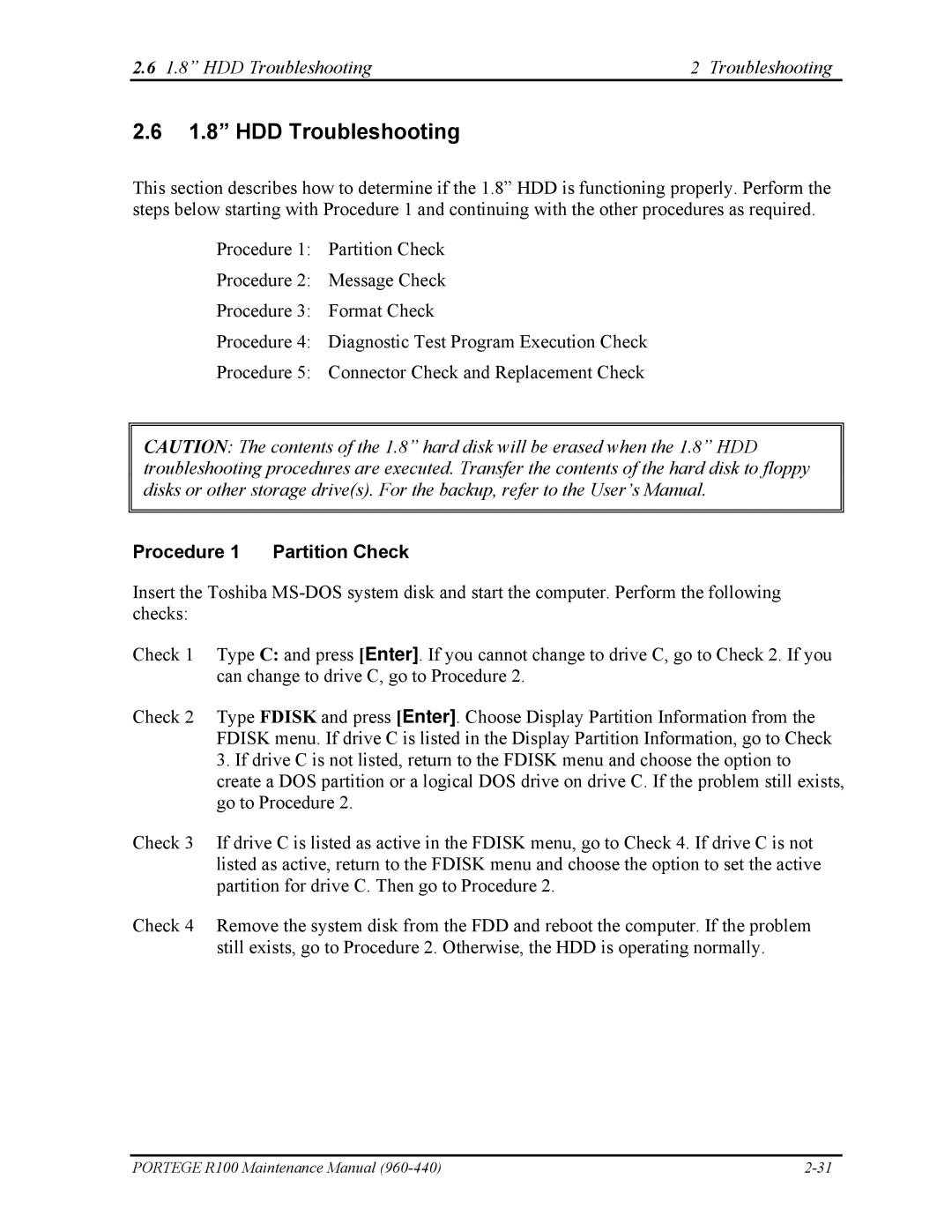 Toshiba R100 manual HDD Troubleshooting, Procedure 1 Partition Check 