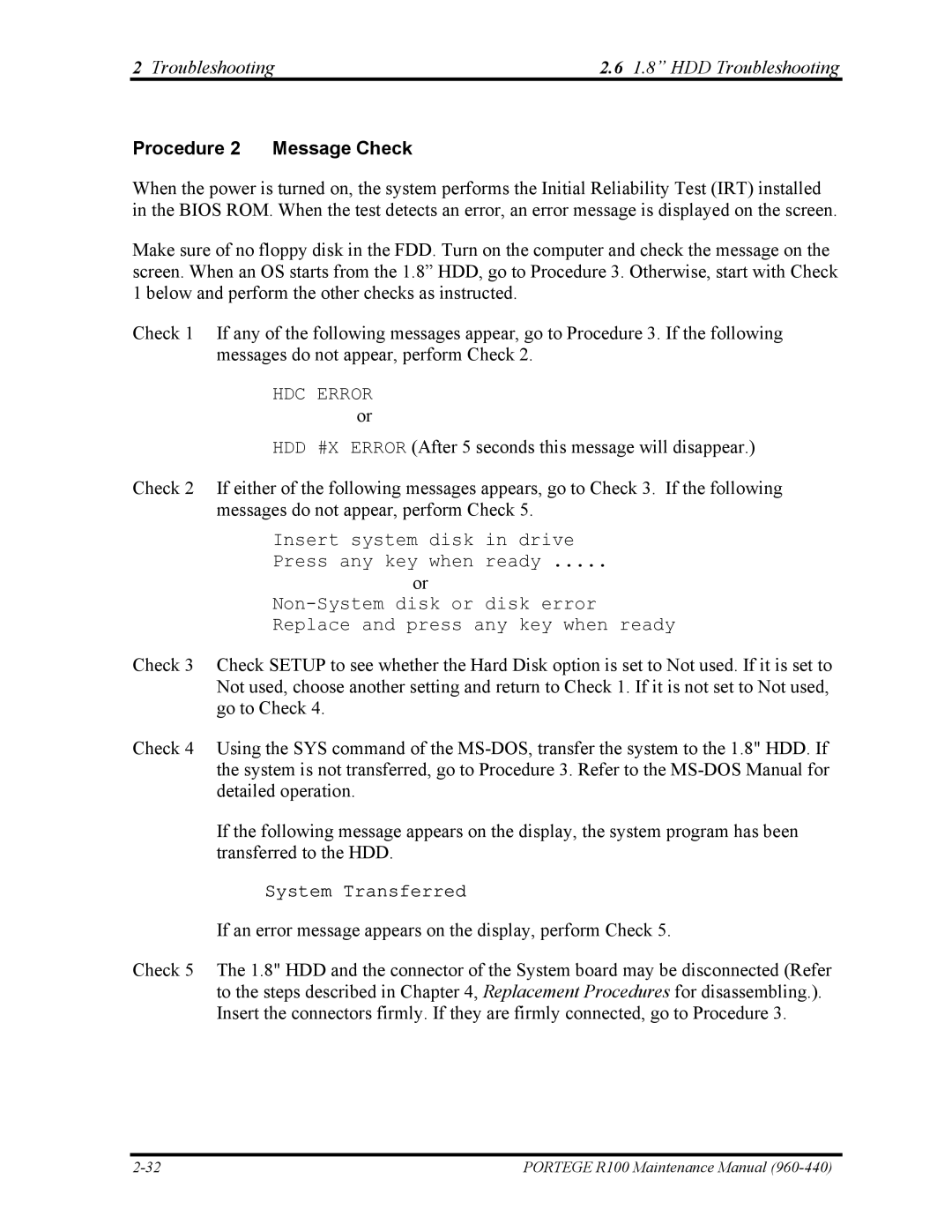 Toshiba R100 manual Procedure 2 Message Check 