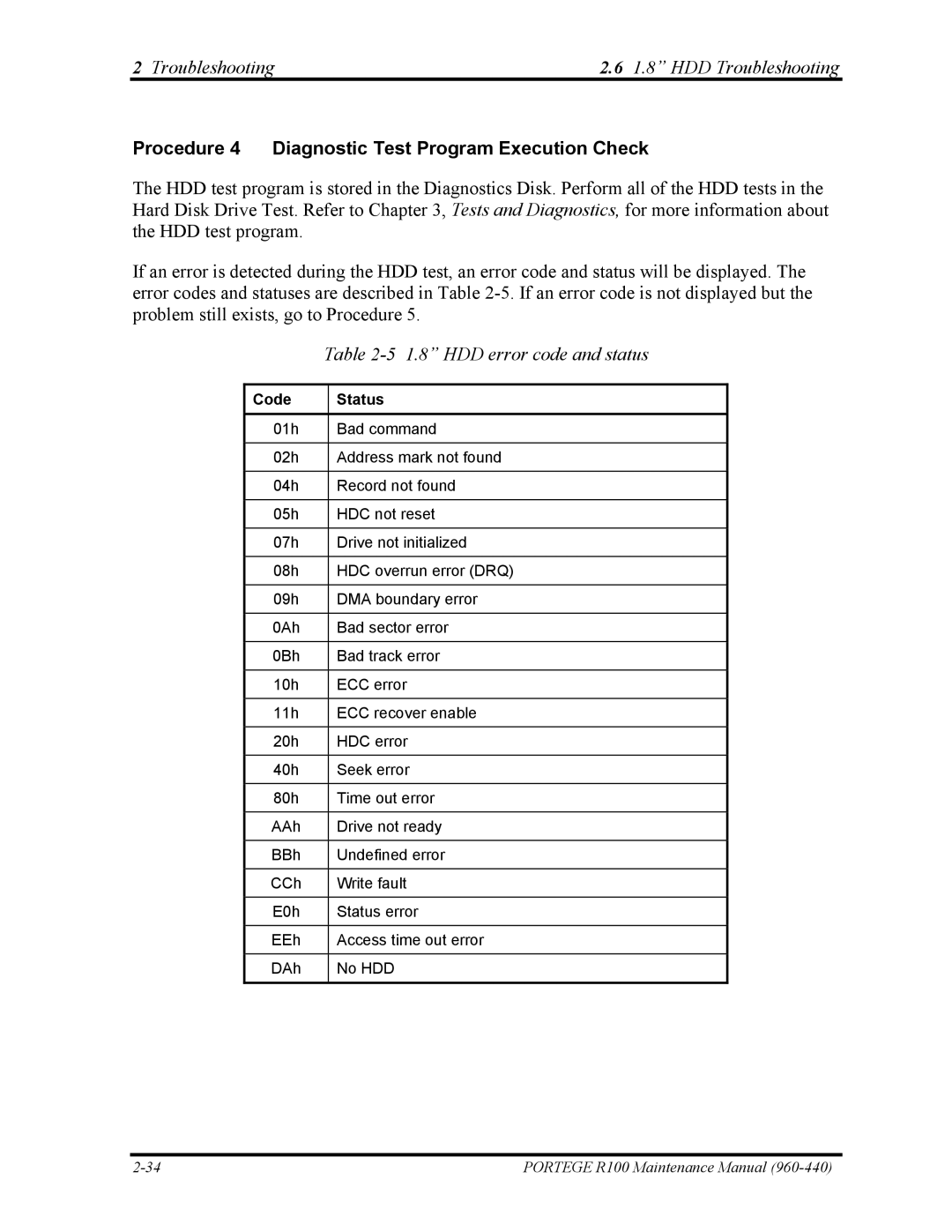 Toshiba R100 manual Procedure 4 Diagnostic Test Program Execution Check, HDD error code and status 