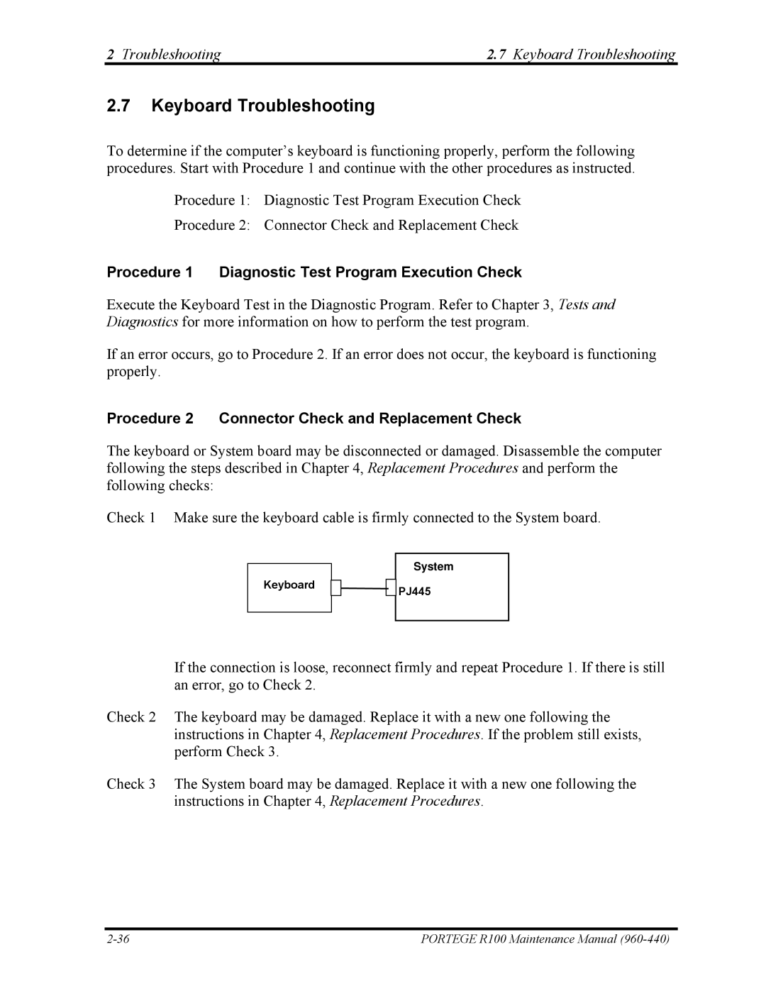 Toshiba R100 manual Keyboard Troubleshooting, Procedure 1 Diagnostic Test Program Execution Check 