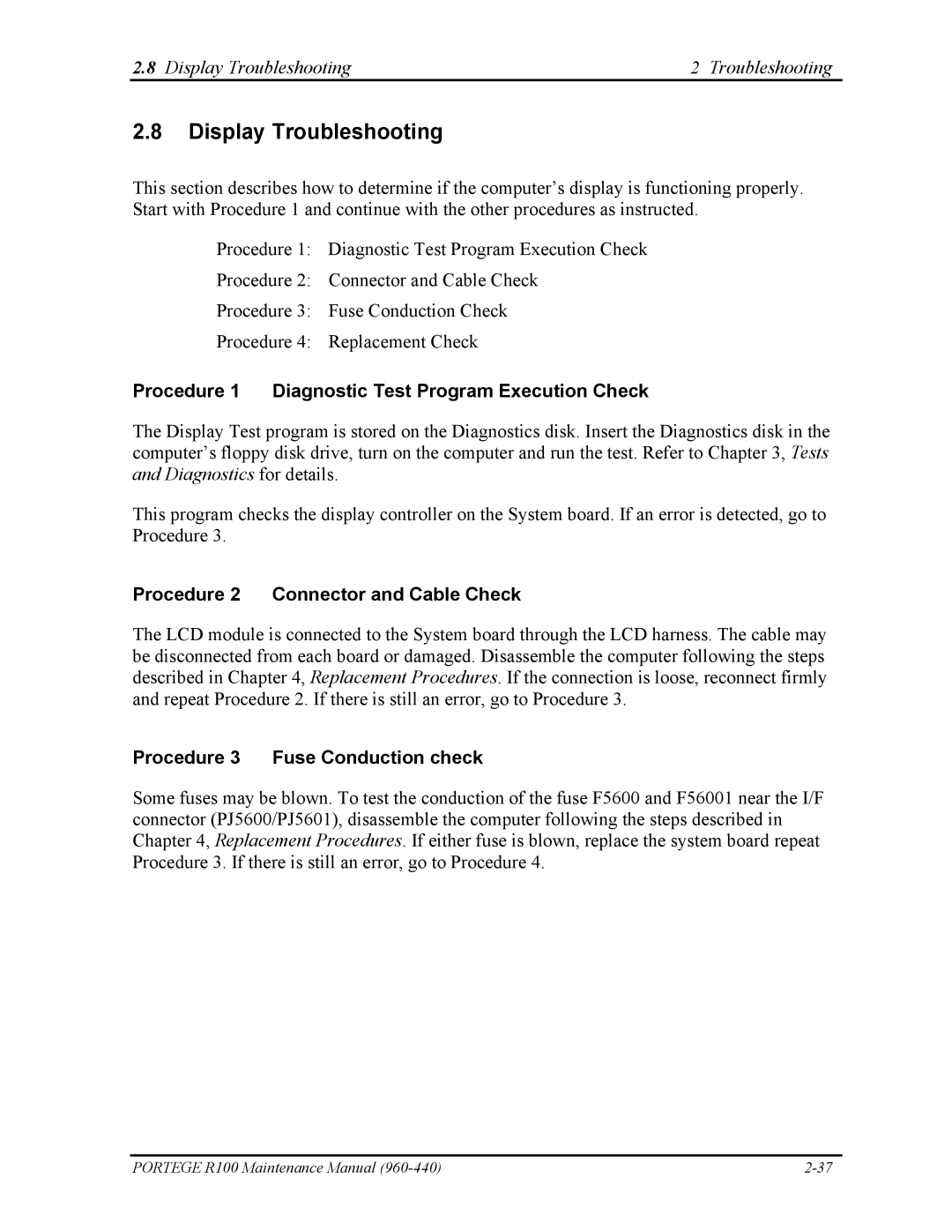 Toshiba R100 manual Display Troubleshooting, Procedure 2 Connector and Cable Check, Procedure 3 Fuse Conduction check 