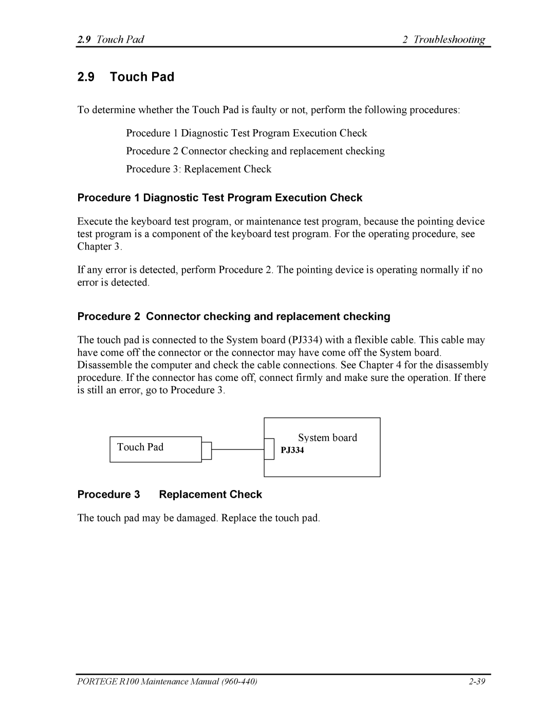 Toshiba R100 manual Touch Pad Troubleshooting, Procedure 2 Connector checking and replacement checking 