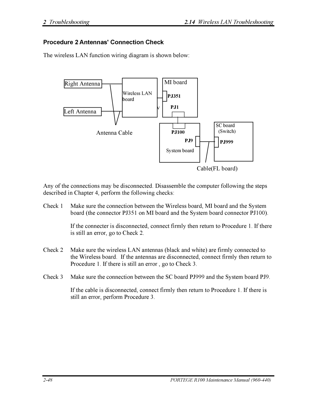 Toshiba R100 manual Procedure 2 Antennas Connection Check 