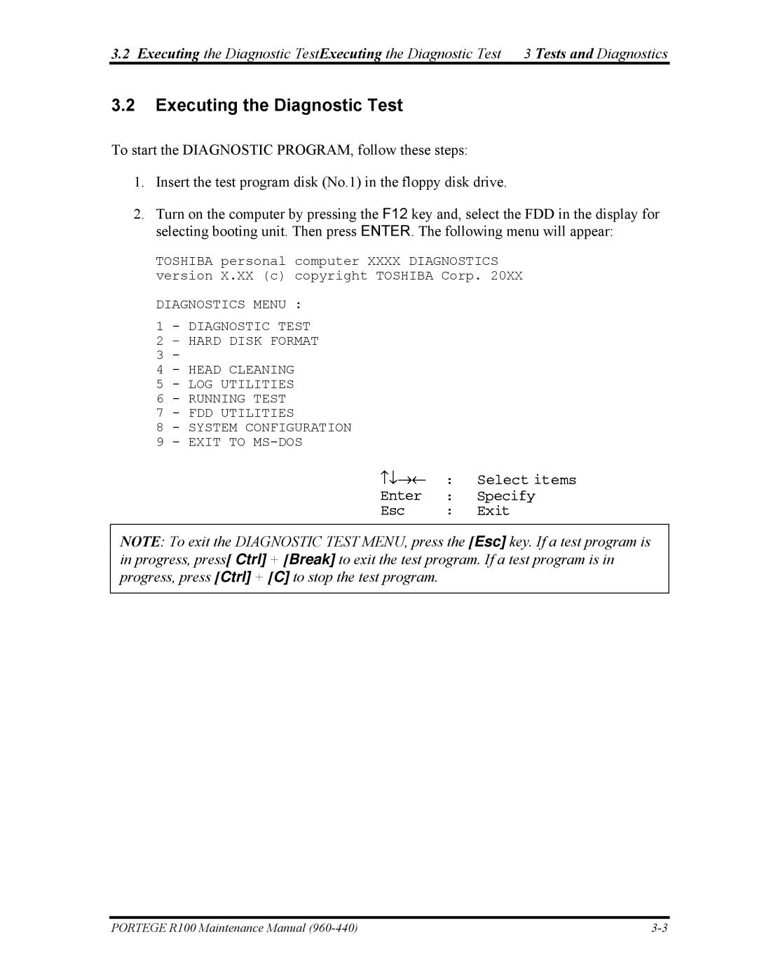 Toshiba R100 manual Executing the Diagnostic Test 