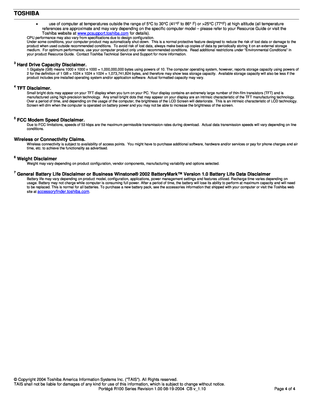 Toshiba R100 Toshiba, Hard Drive Capacity Disclaimer, TFT Disclaimer, FCC Modem Speed Disclaimer, Weight Disclaimer 