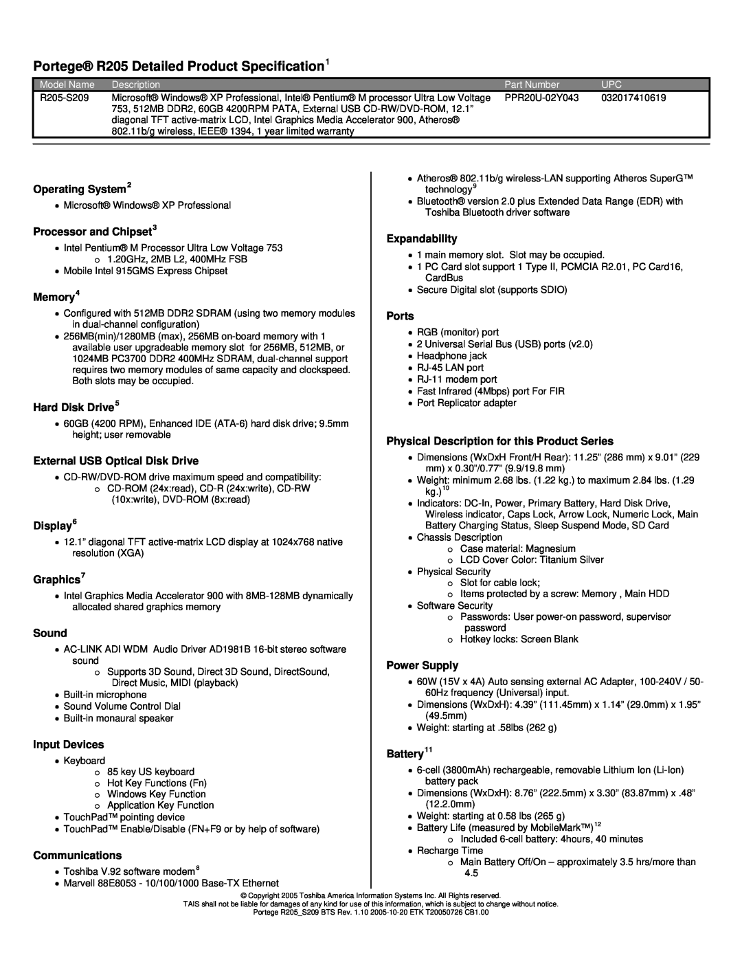 Toshiba warranty Portege R205 Detailed Product Specification1 