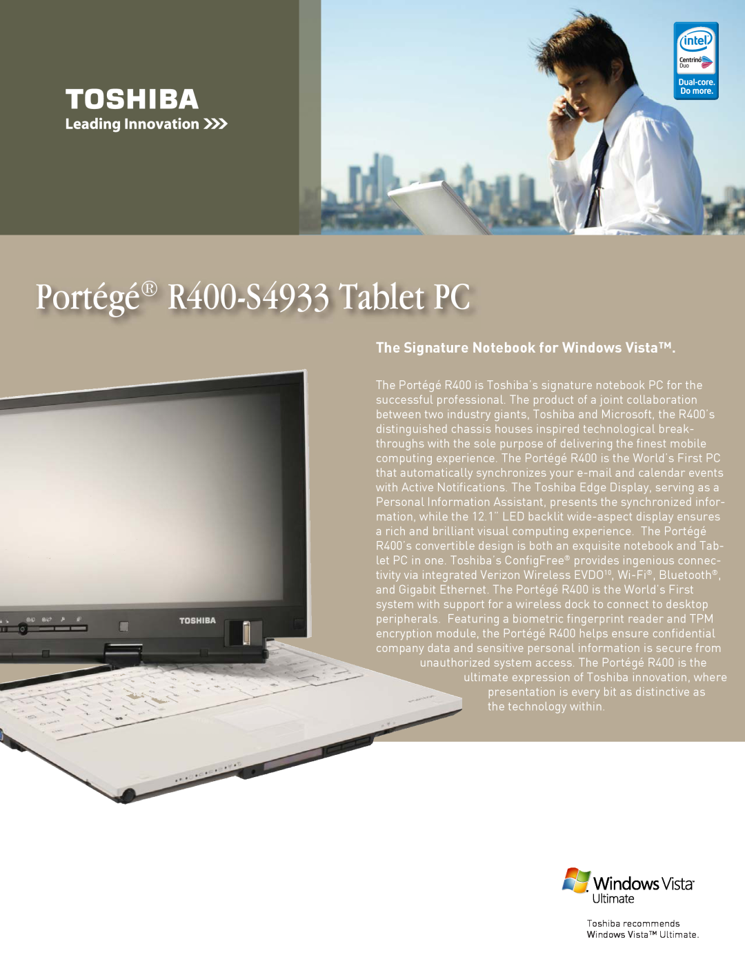 Toshiba manual Portégé R400-S4933 Tablet PC, The Signature Notebook for Windows Vista 