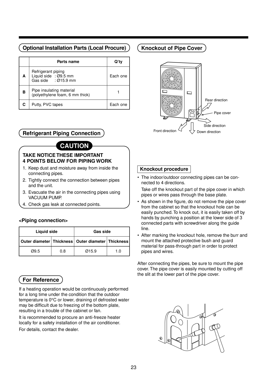 Toshiba R410A service manual Parts name ’ty, Liquid side Gas side Outer diameter Thickness Ø9.5 Ø15.9 