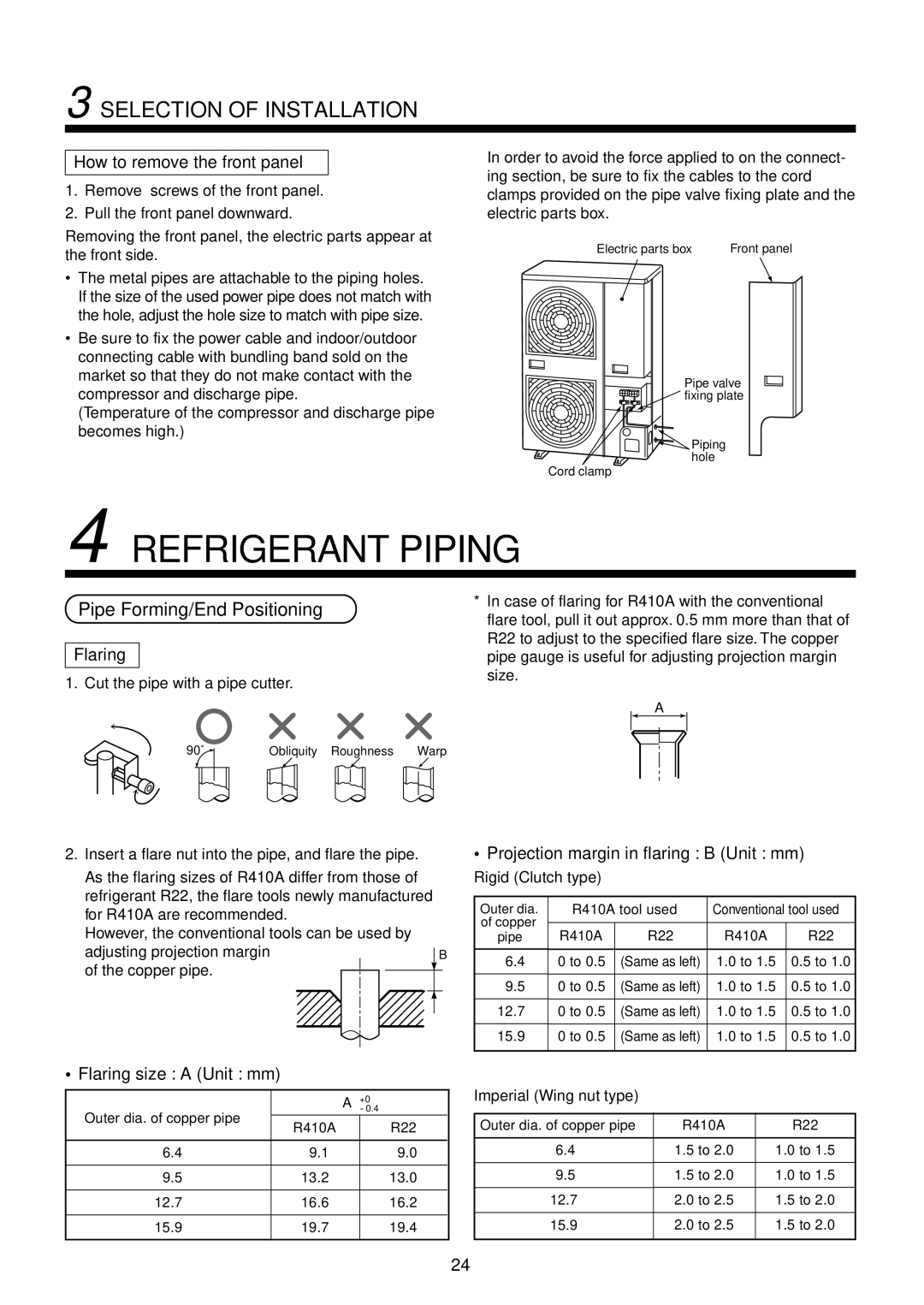 Toshiba service manual Projection margin in flaring B Unit mm, Outer dia. of copper pipe R410A 