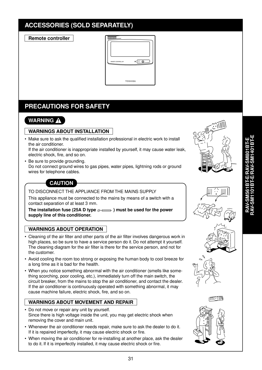 Toshiba R410A service manual Accessories Sold Separately, Precautions for Safety, Remote controller 