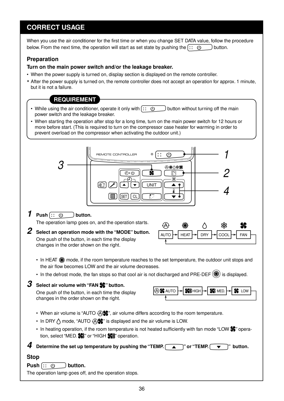 Toshiba R410A Correct Usage, Preparation, Stop, Turn on the main power switch and/or the leakage breaker, Push button 