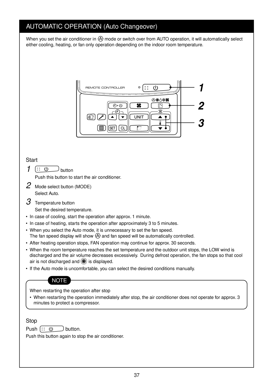 Toshiba R410A service manual Start, Mode select button Mode, Temperature button, When restarting the operation after stop 