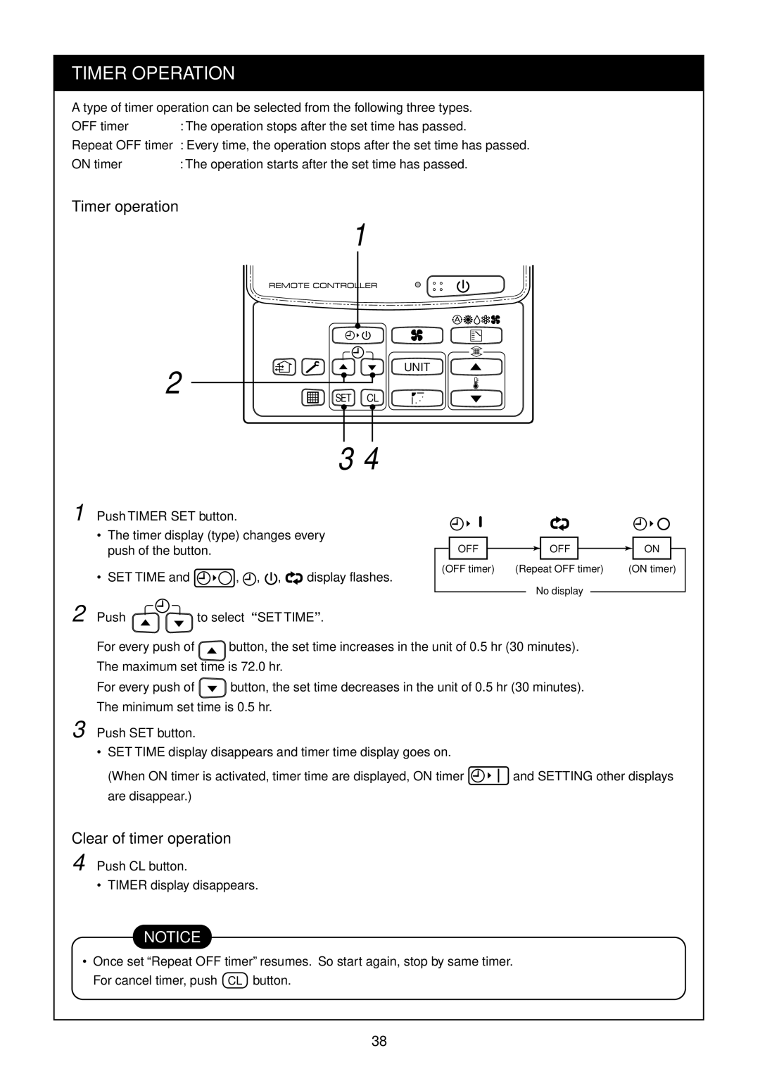 Toshiba R410A service manual Timer Operation, Timer operation, Clear of timer operation 