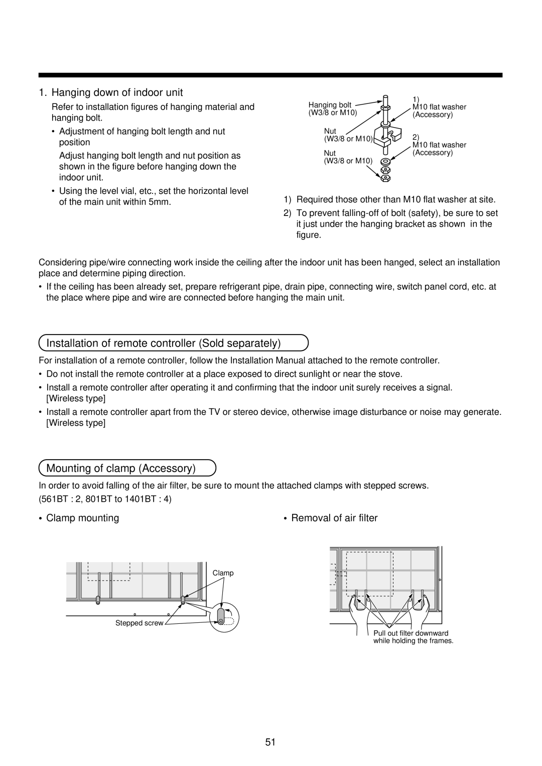 Toshiba R410A Installation of remote controller Sold separately, Mounting of clamp Accessory, Hanging down of indoor unit 