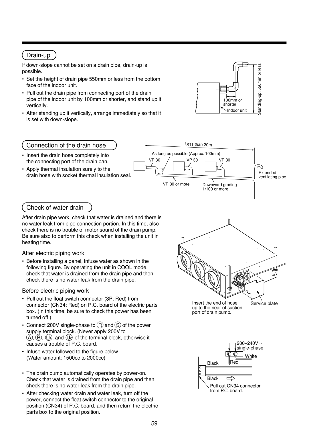 Toshiba R410A service manual Drain-up, Connection of the drain hose, Check of water drain, After electric piping work 