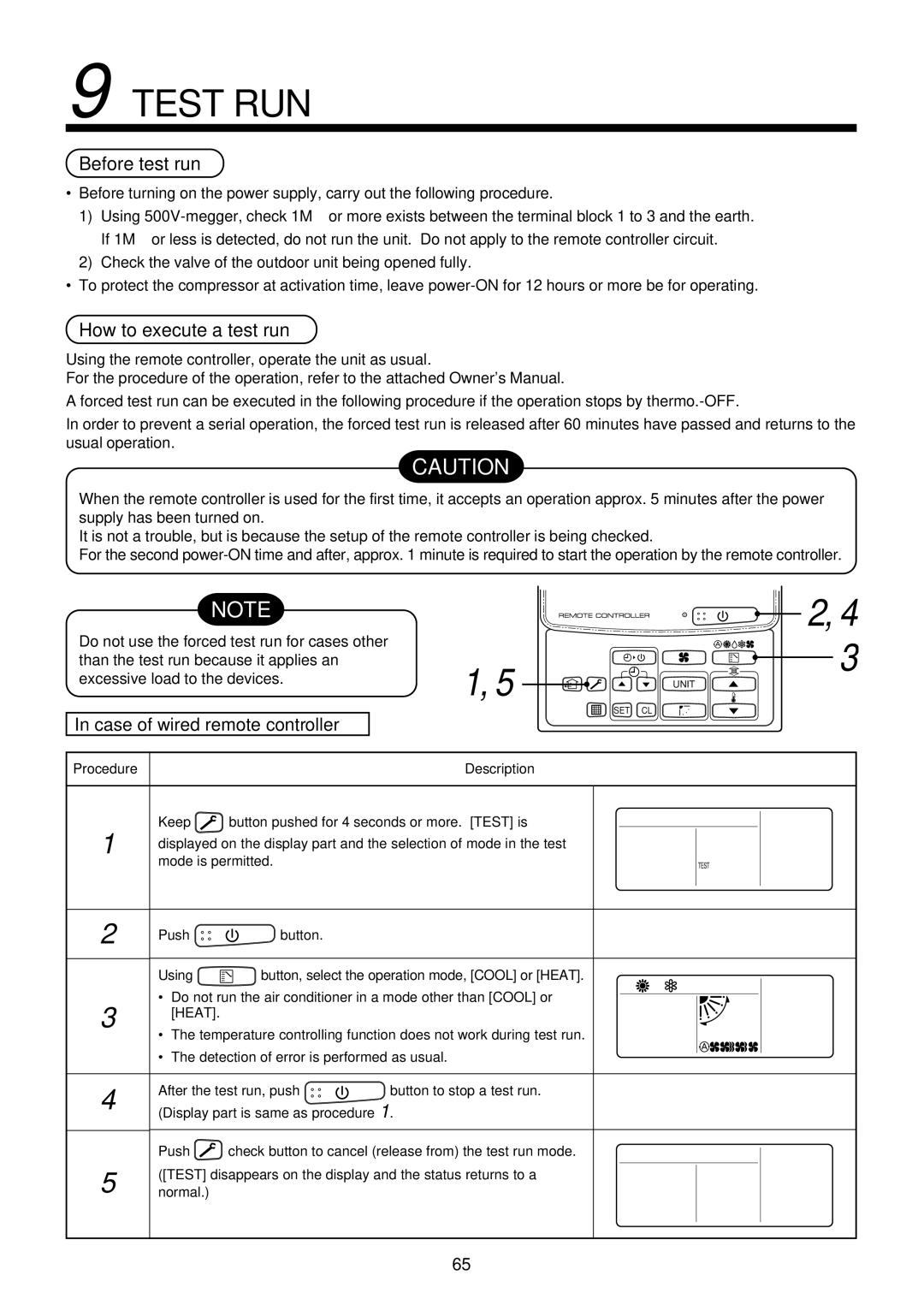 Toshiba R410A Test RUN, Before test run, How to execute a test run, Case of wired remote controller, Description 