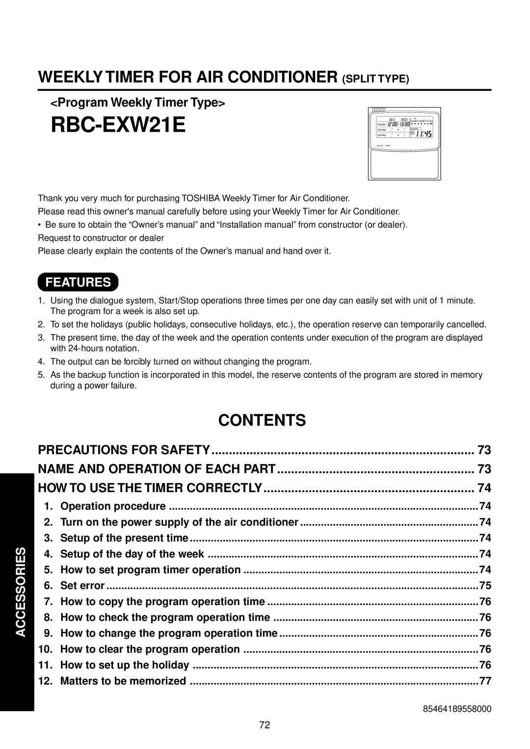 Toshiba R410A service manual RBC-EXW21E, Features, Turn on the power supply of the air conditioner, 85464189558000 