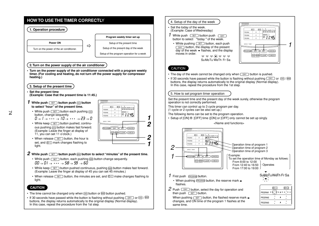 Toshiba R410A Operation procedure, Turn on the power supply of the air conditioner, Setup of the day of the week, Heating 