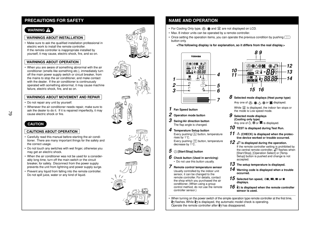 Toshiba R410A service manual Temperature Setup button, Start/Stop button Check button Used in servicing 