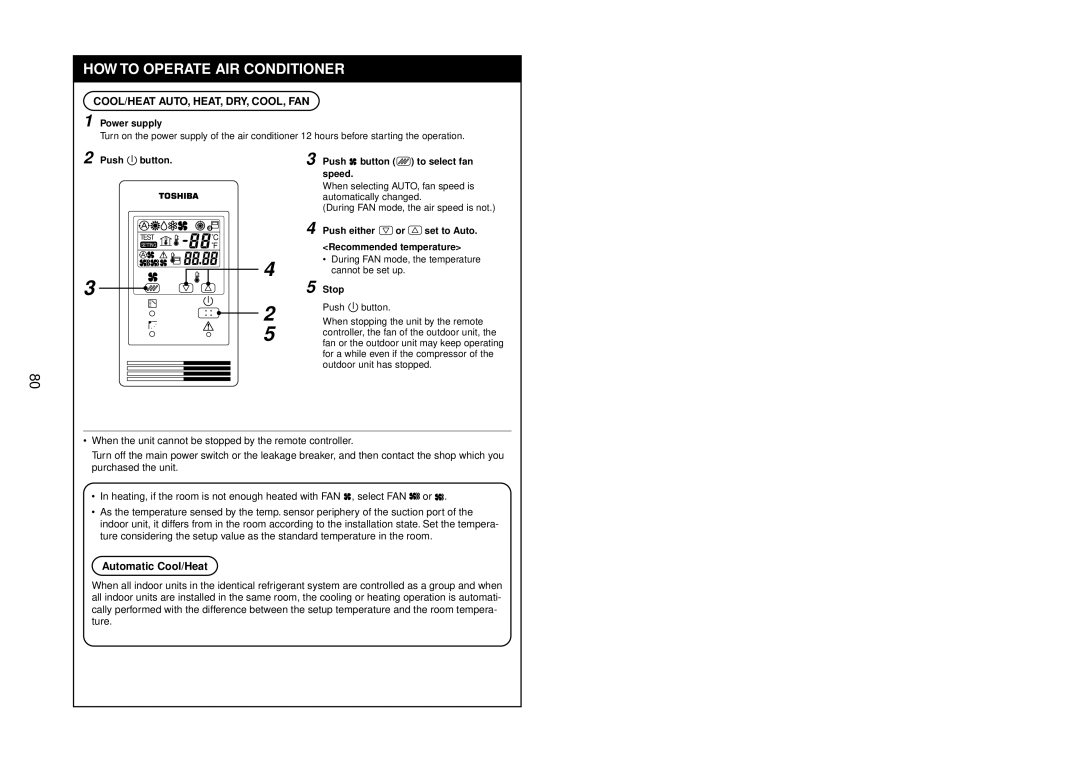 Toshiba R410A service manual Automatic Cool/Heat, Power supply, Push button Push button to select fan speed, Stop 