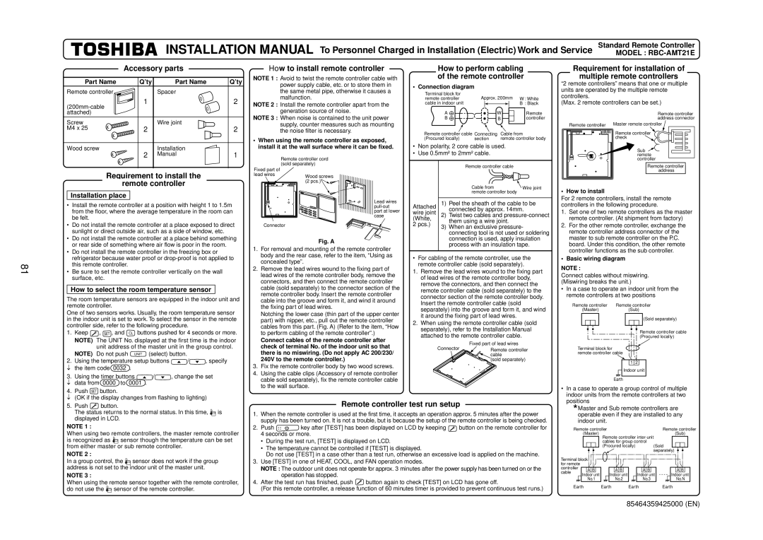 Toshiba R410A Accessory parts, How to install remote controller, Requirement for installation Multiple remote controllers 