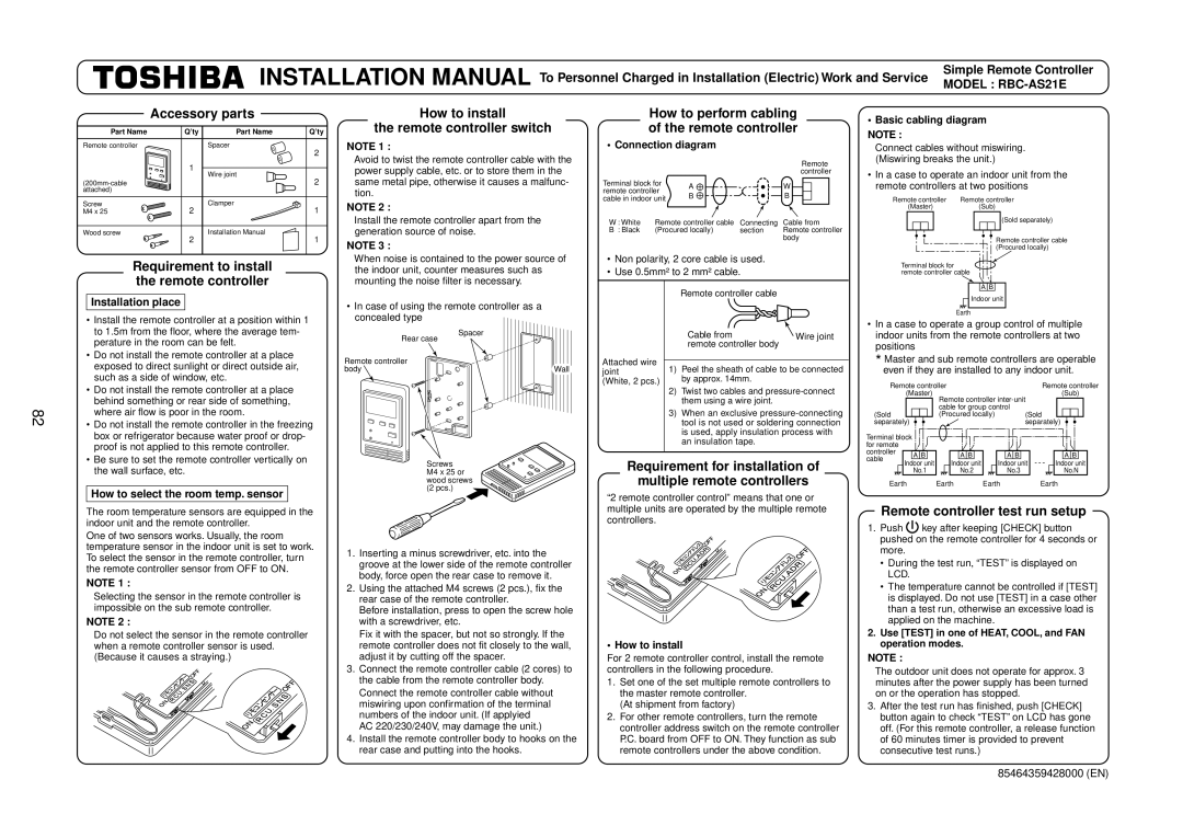 Toshiba R410A Accessory parts, Requirement for installation Multiple remote controllers, Remote controller test run setup 