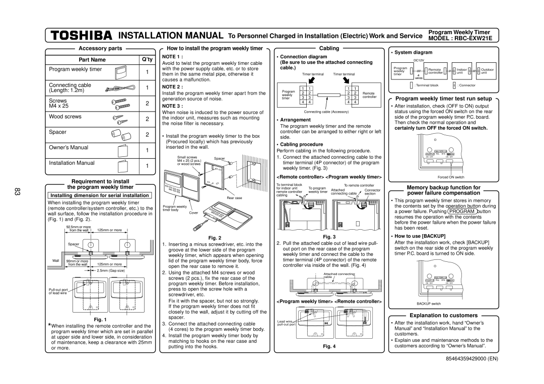 Toshiba R410A Accessory parts Part Name ’ty, How to install the program weekly timer, Cabling, Explanation to customers 