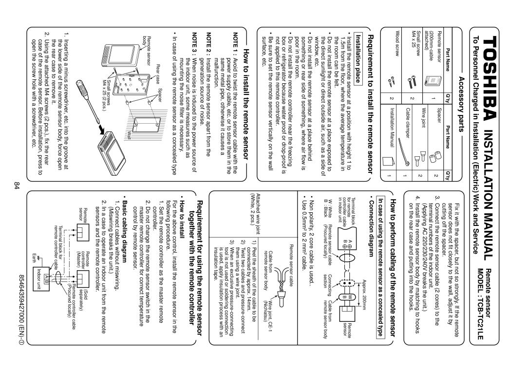 Toshiba R410A service manual Accessory parts, Requirement to install the remote sensor, How to install the remote sensor 