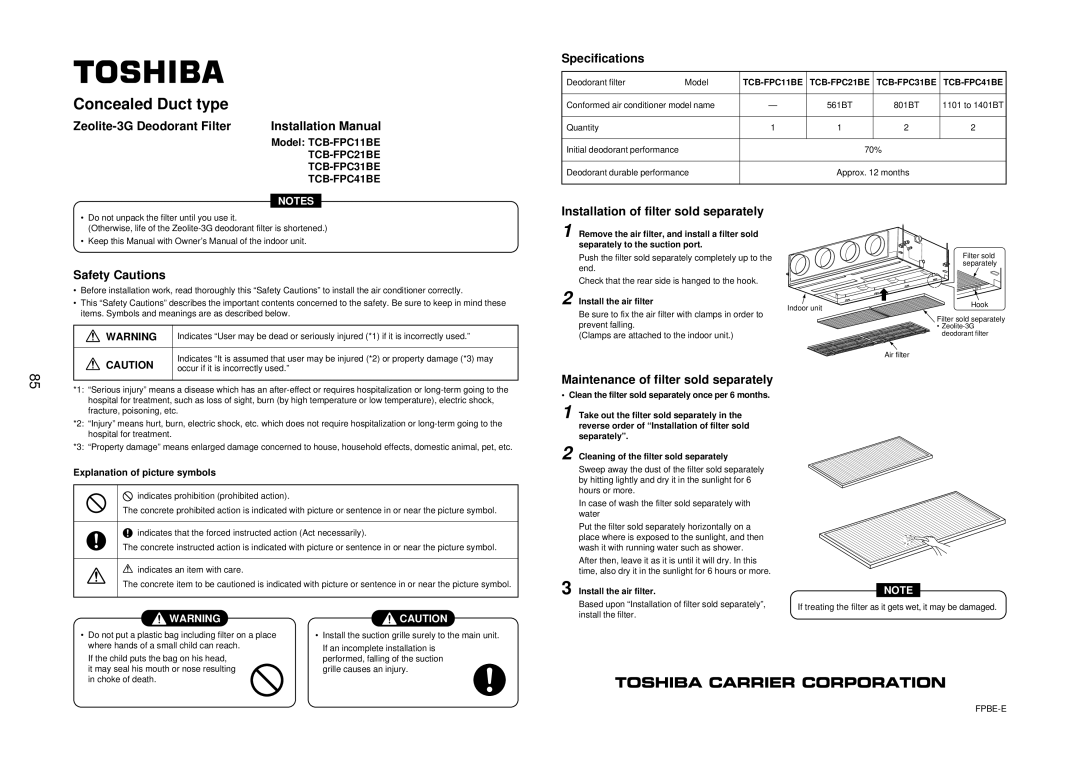 Toshiba R410A Zeolite-3G Deodorant Filter, Specifications, Safety Cautions, Installation of filter sold separately 