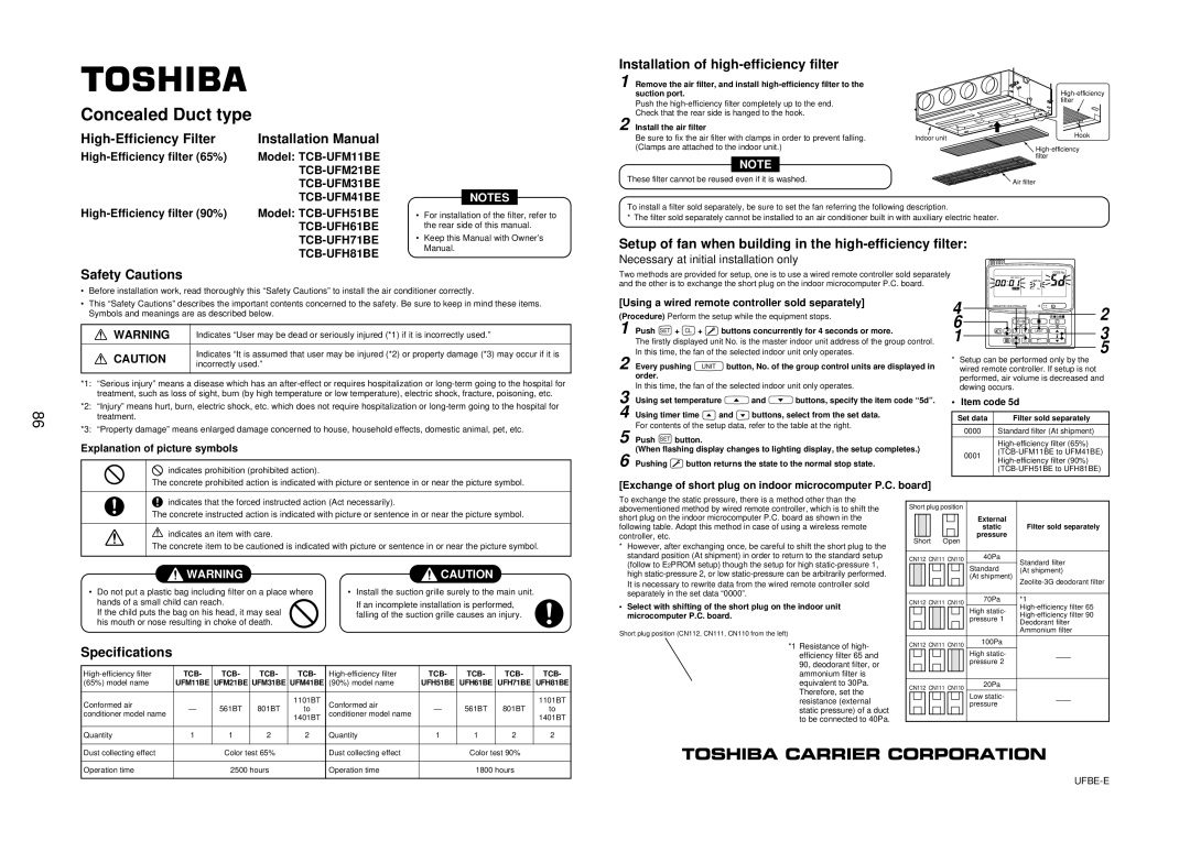 Toshiba R410A High-Efficiency Filter, Installation of high-efficiency filter, High-Efficiency filter 65% Model TCB-UFM11BE 