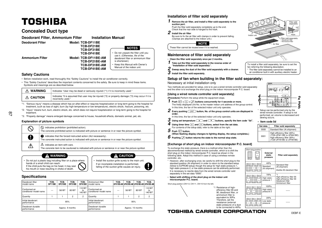 Toshiba R410A service manual Deodorant Filter, Ammonium Filter, Setup of fan when building in the filter sold separately 