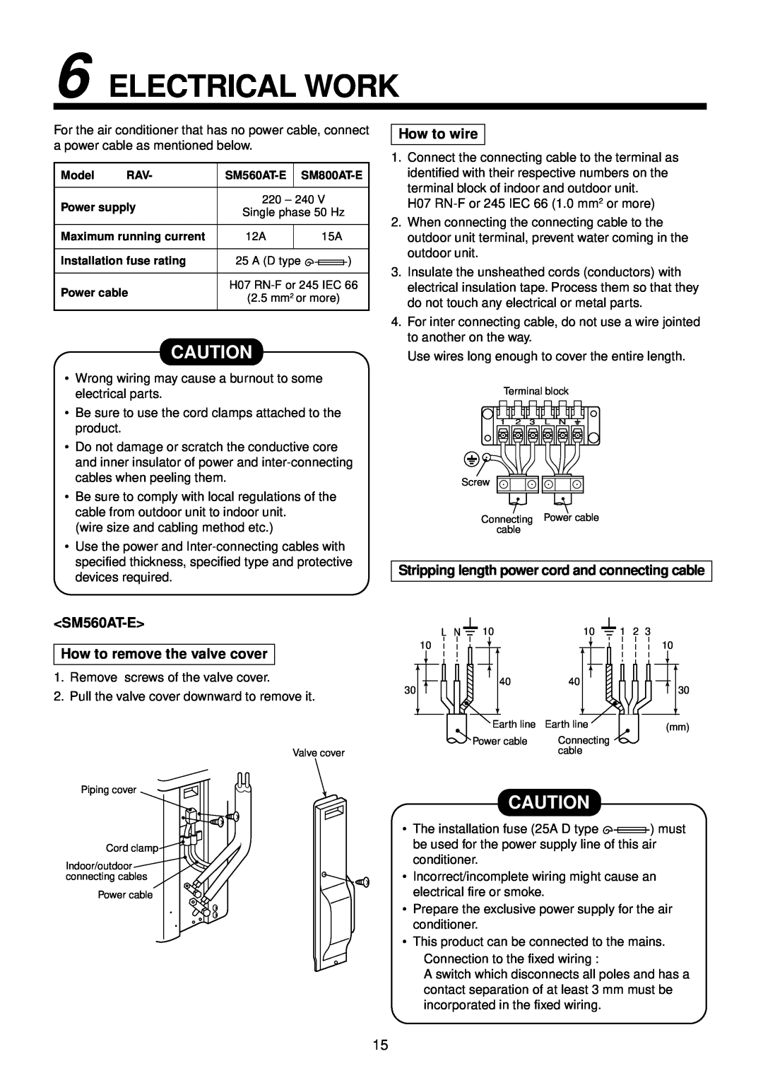 Toshiba R410A service manual Electrical Work, <SM560AT-E> How to remove the valve cover, How to wire 