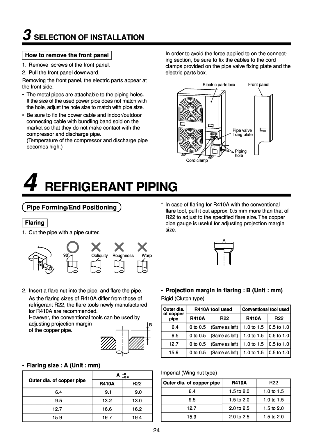 Toshiba R410A service manual Refrigerant Piping, Pipe Forming/End Positioning, How to remove the front panel, Flaring 