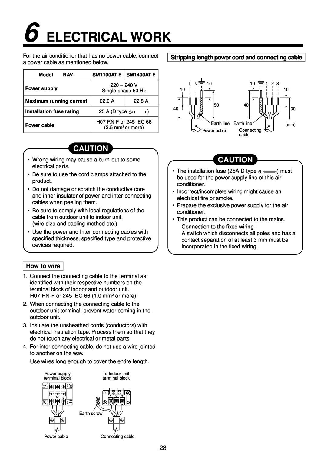 Toshiba R410A service manual Electrical Work, How to wire, Stripping length power cord and connecting cable 