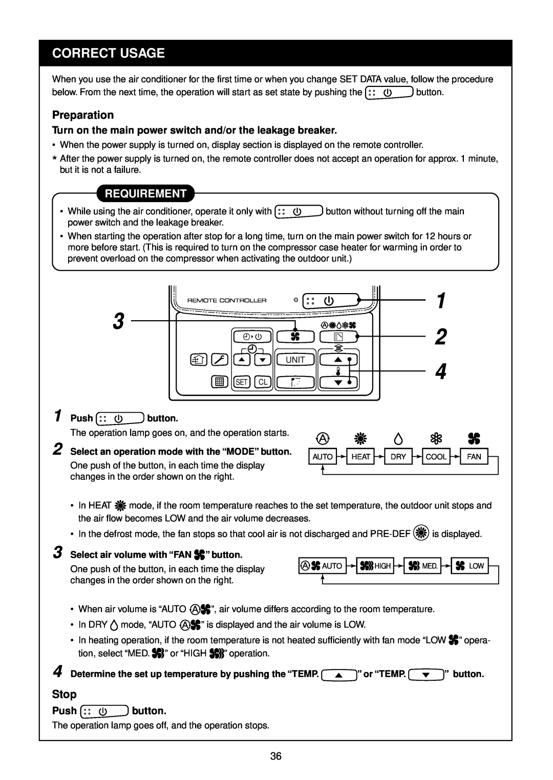 Toshiba R410A service manual 1 2 4, Correct Usage, Preparation, Requirement, Stop, Push button 