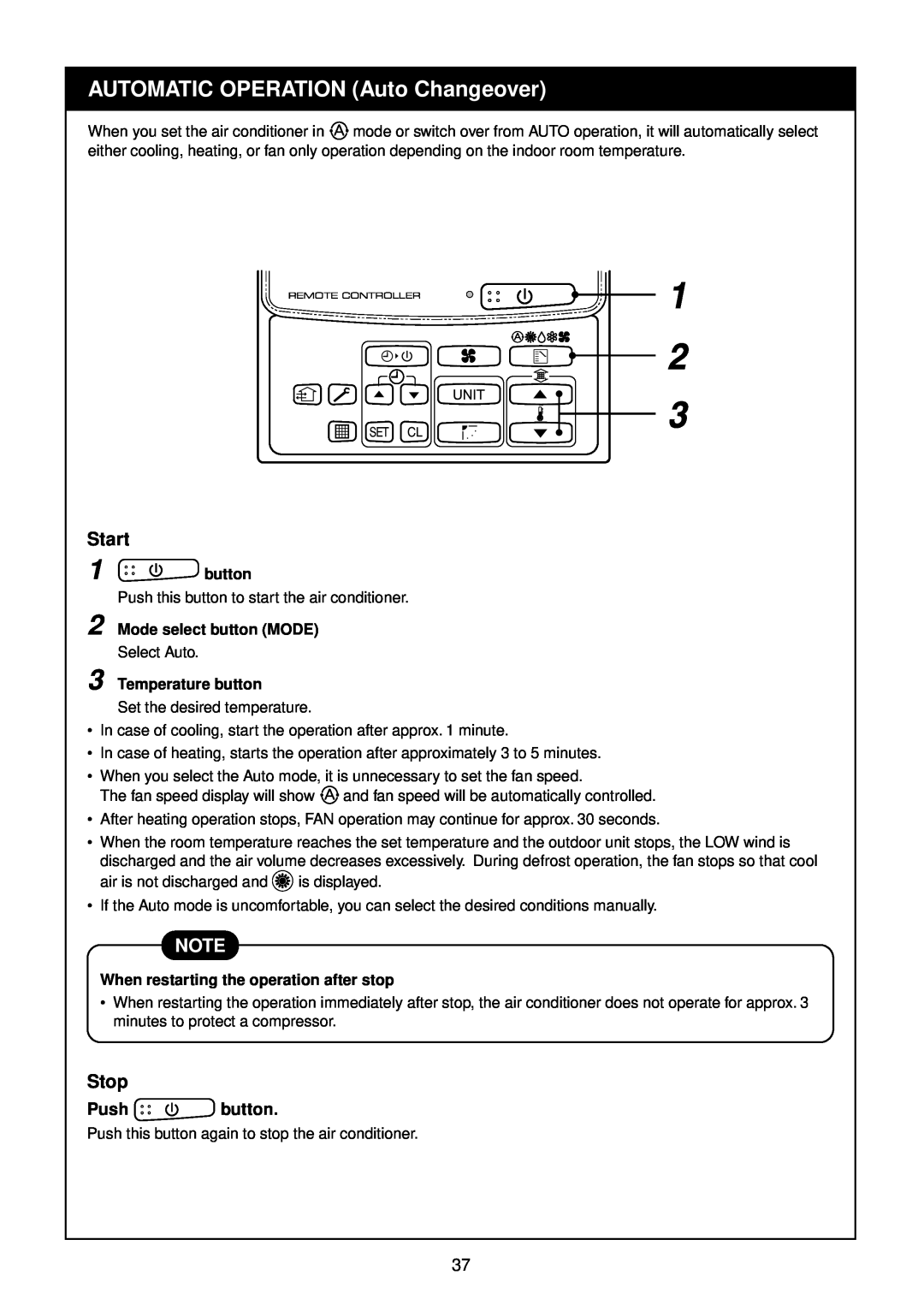 Toshiba R410A service manual 1 2 3, AUTOMATIC OPERATION Auto Changeover, Start, Stop, Push button 