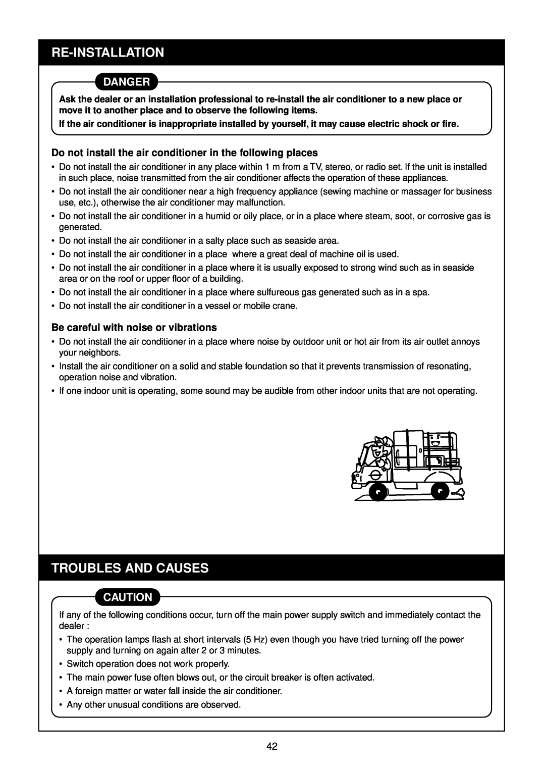 Toshiba R410A service manual Re-Installation, Troubles And Causes, Danger, Be careful with noise or vibrations 