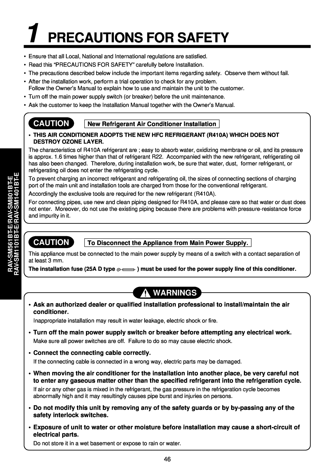 Toshiba R410A service manual Warnings, Precautions For Safety, New Refrigerant Air Conditioner Installation 