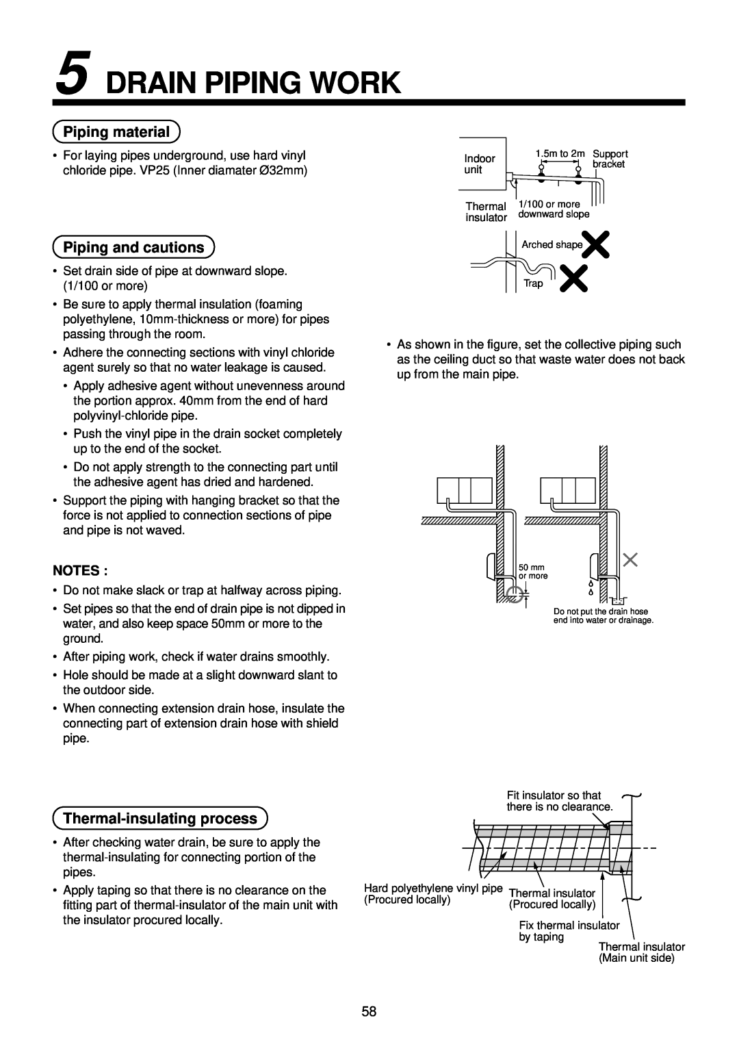 Toshiba R410A service manual Drain Piping Work, Piping material, Piping and cautions, Thermal-insulatingprocess, Notes 