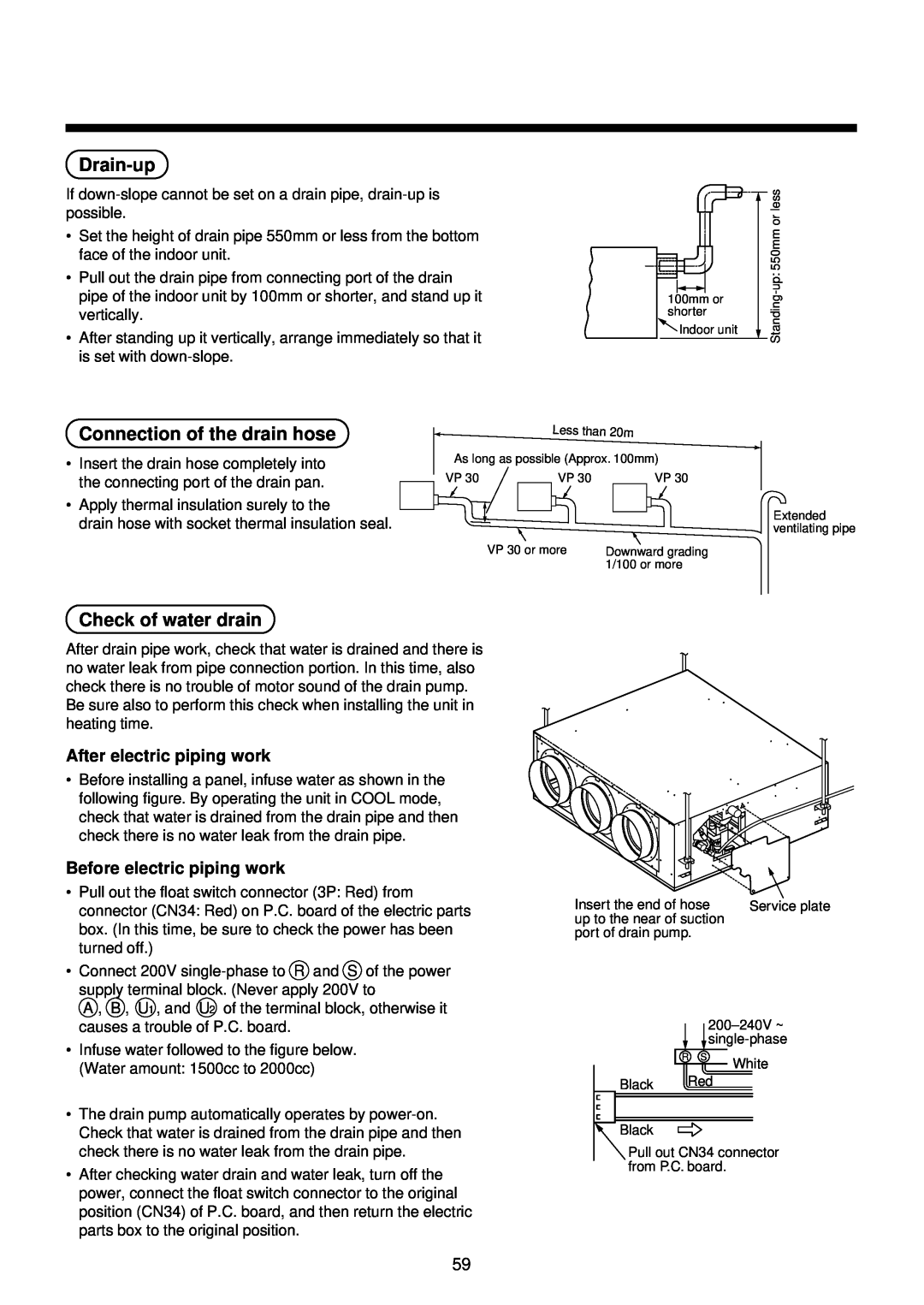 Toshiba R410A service manual Drain-up, Connection of the drain hose, Check of water drain, After electric piping work 