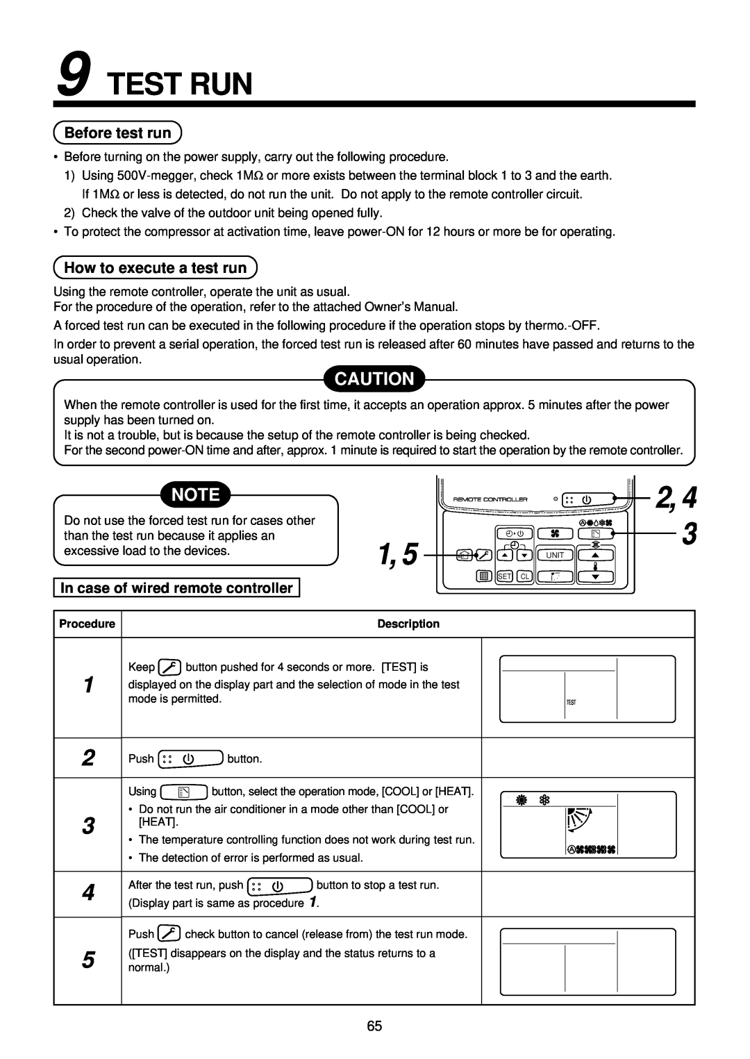 Toshiba R410A service manual Test Run, 2, 3, Before test run, How to execute a test run, In case of wired remote controller 