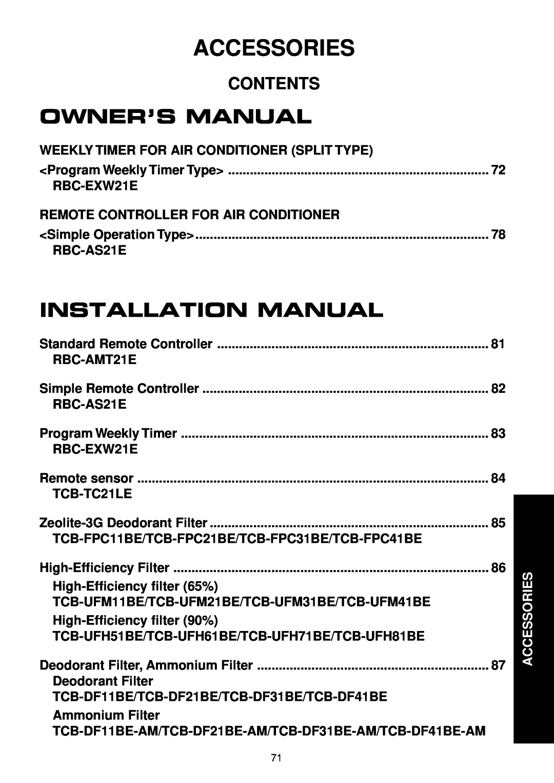 Toshiba R410A service manual Accessories, Contents, Owner’S Manual, Installation Manual 