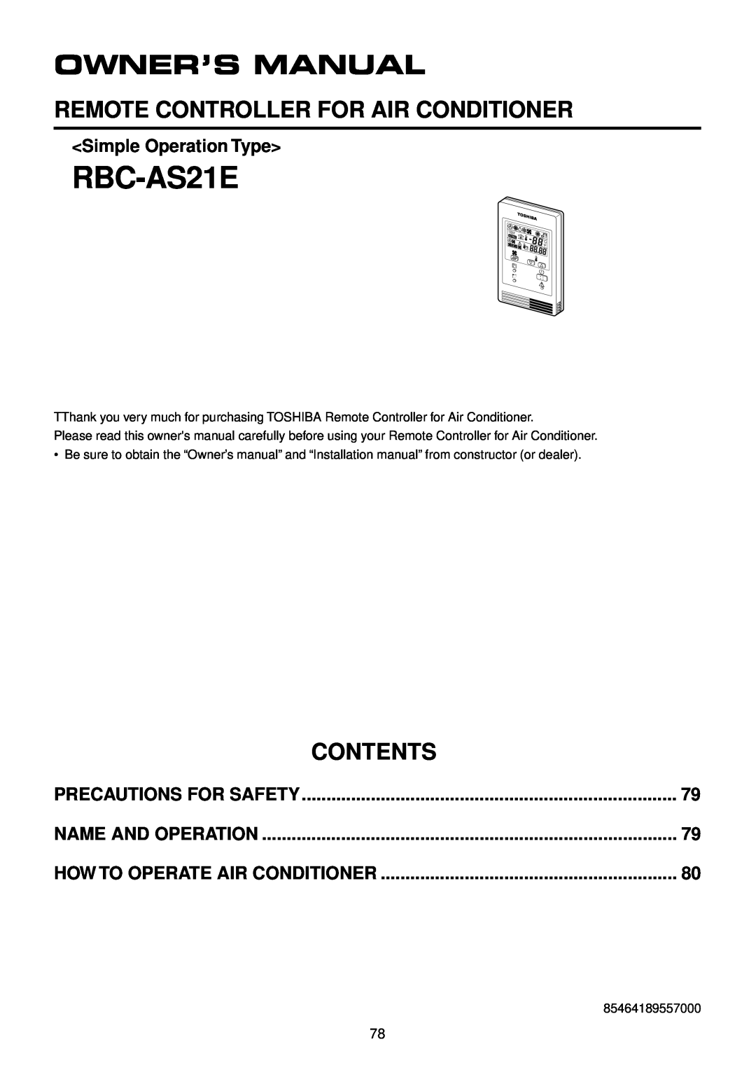 Toshiba R410A service manual RBC-AS21E, Remote Controller For Air Conditioner, Owner’S Manual, Contents 