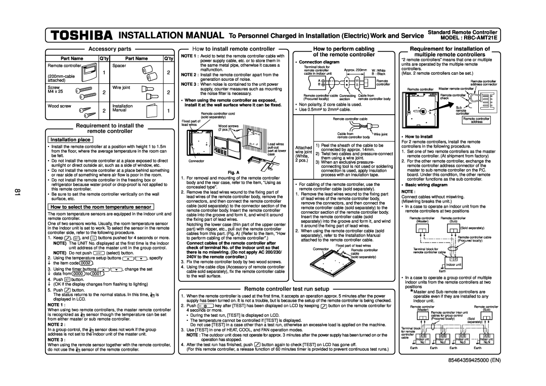 Toshiba R410A Standard Remote Controller, How to perform cabling of the remote controller, Installation place, Part Name 